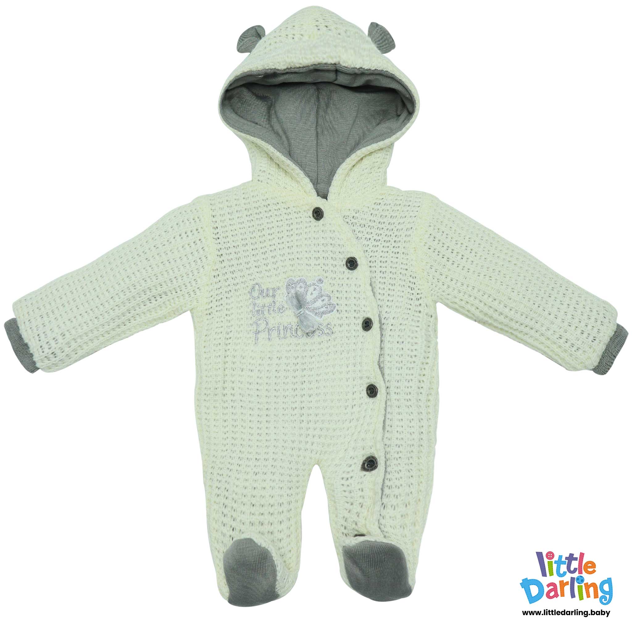 Hooded Woolen Romper Our Little Princes Embroidery Off White & Grey Color by Little Darling