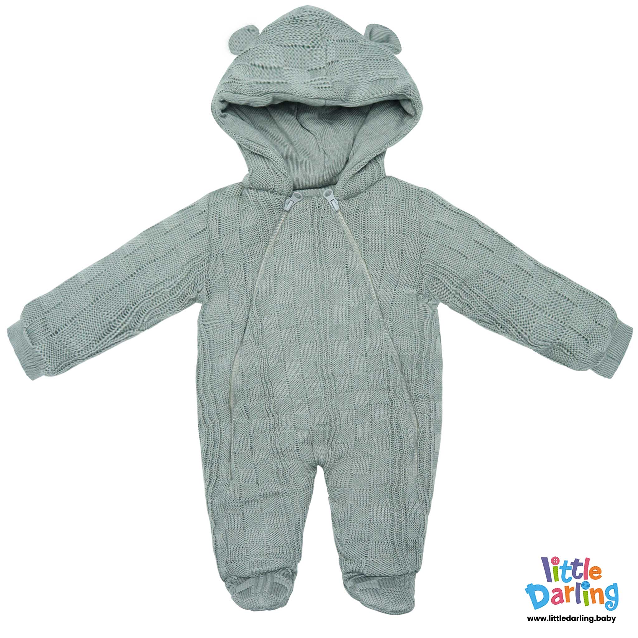 Hooded Woolen Romper Box Pattern Grey Color by Little Darling