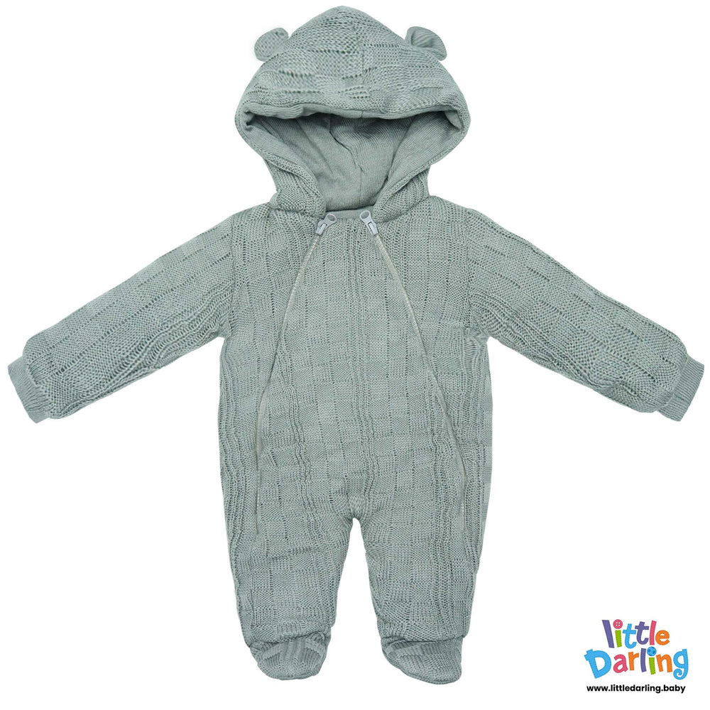 Hooded Woolen Romper Box Pattern Grey Color By Little Darling