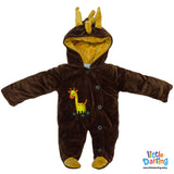 Hooded Velour Romper Giraffe Embroidery Dark Brown Color | Little Darling
