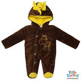 Hooded Velour Romper Giraffe Embroidery Dark Brown Color | Little Darling