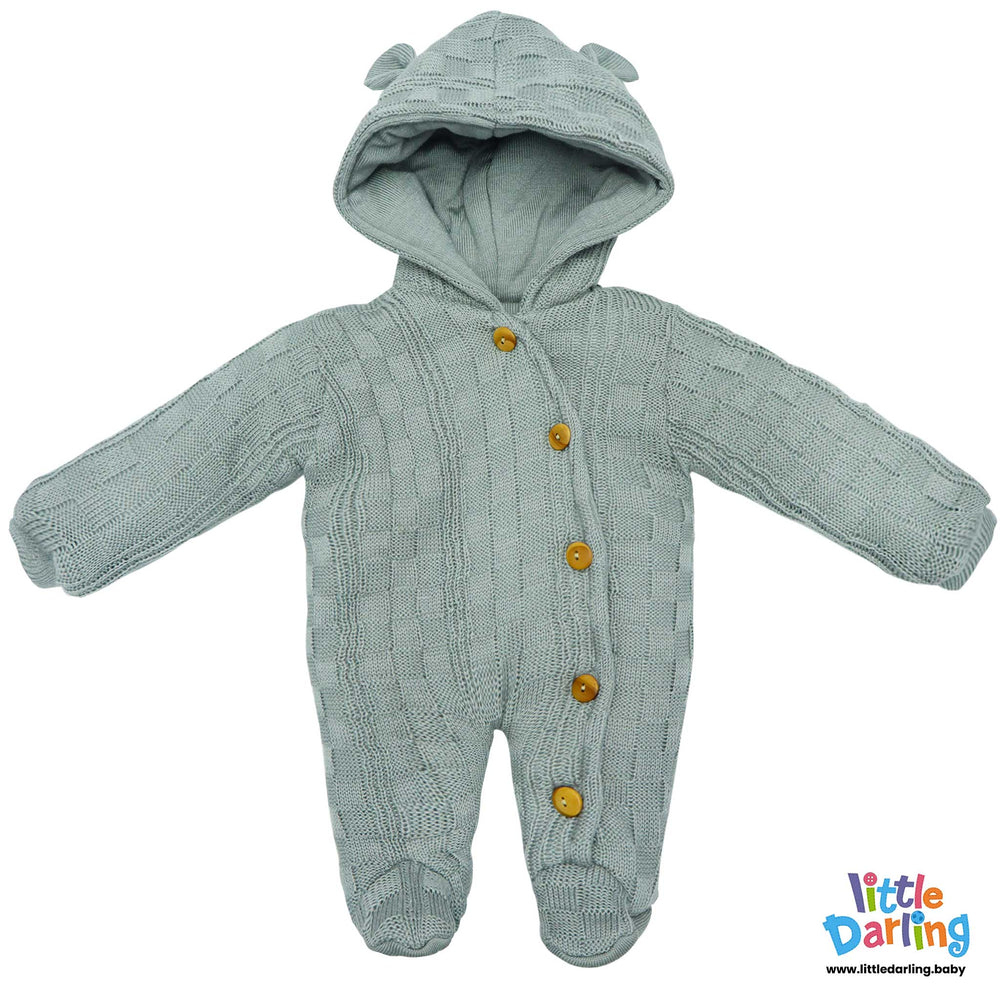 Hooded Woolen Romper Box Pattern Grey Color By Little Darling