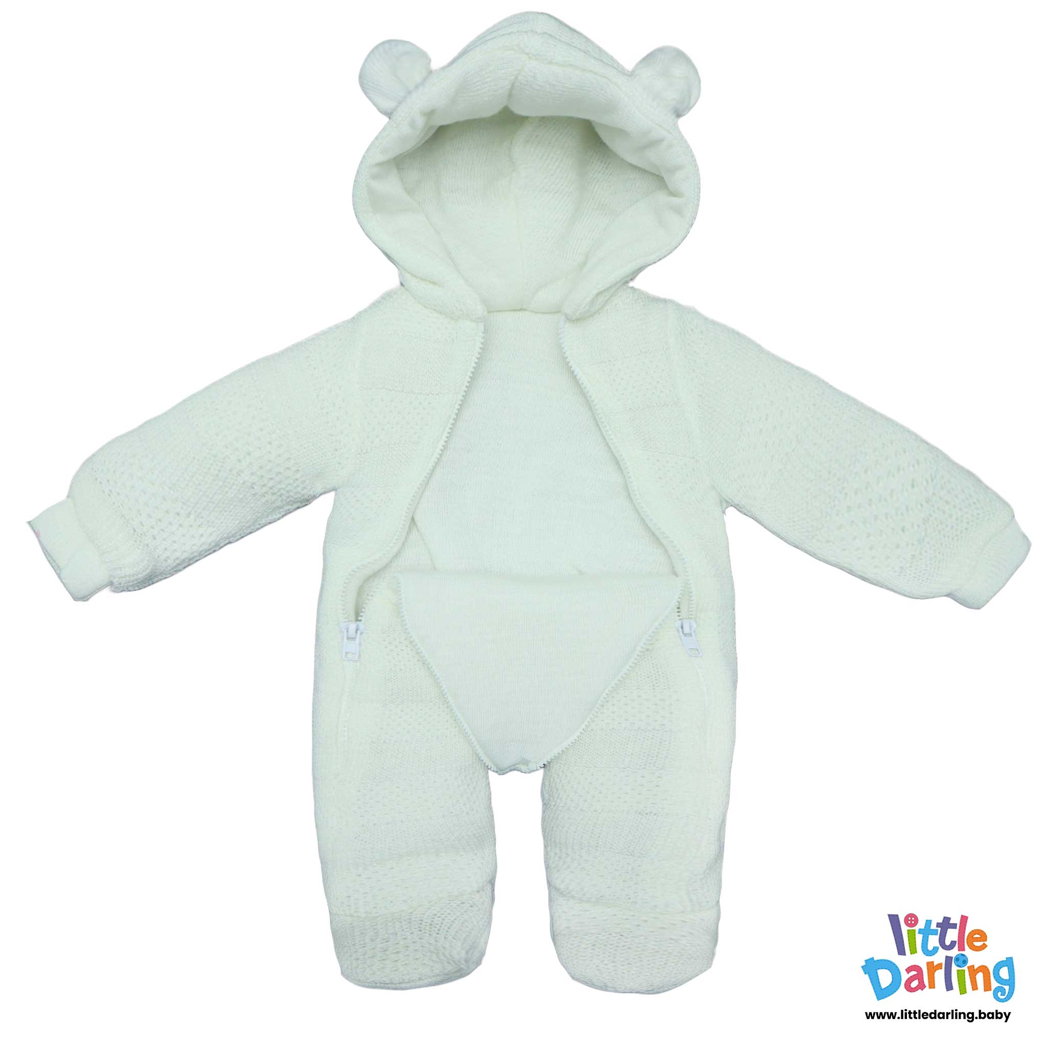 Hooded Woolen Romper White Color by Little Darling