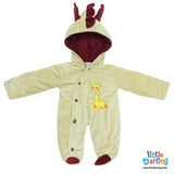 Hooded Velour Romper with Giraffe Embroidery Cream Color | Little Darling