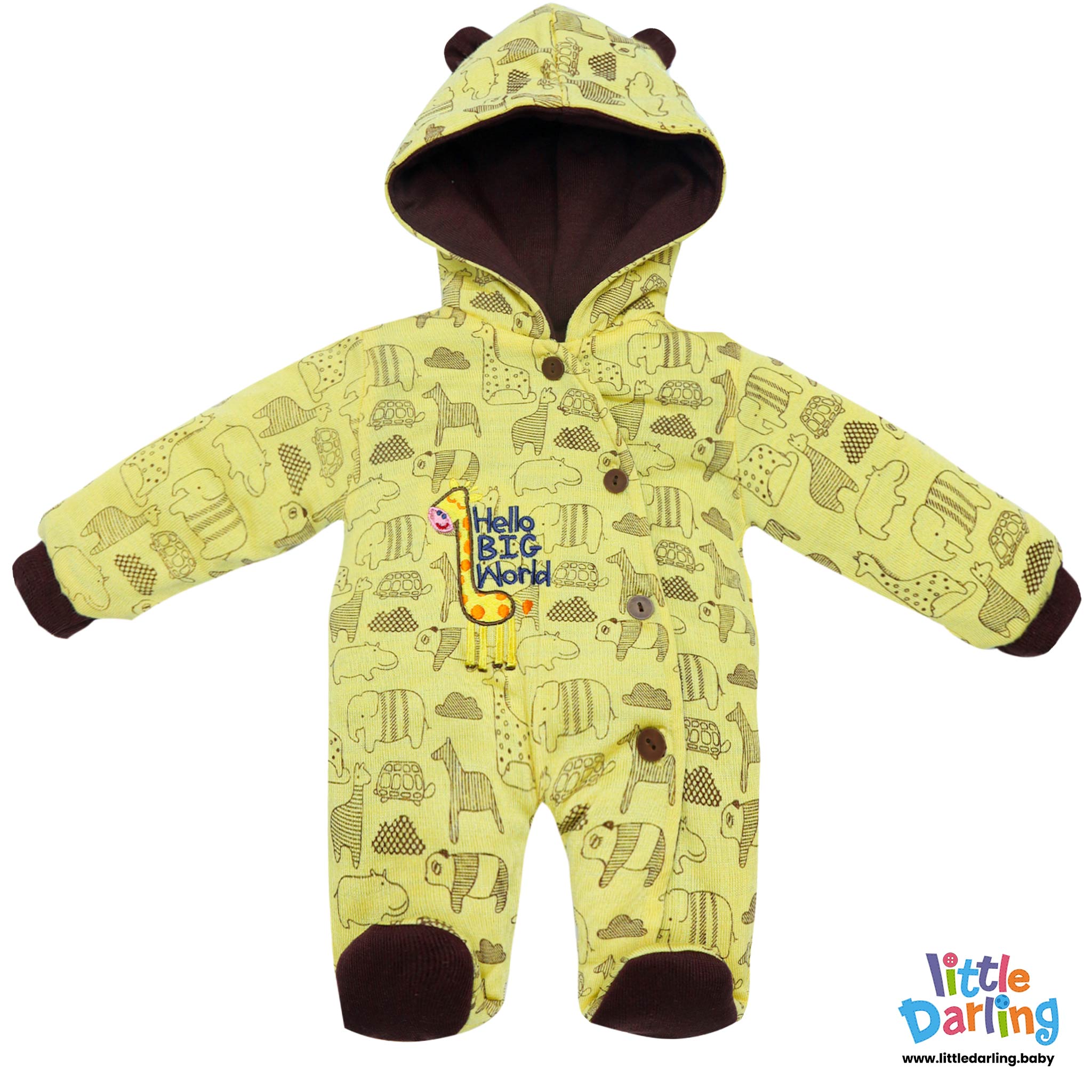 Hooded Woolen Romper Hello Big World Embroidery Cream Color by Little Darling