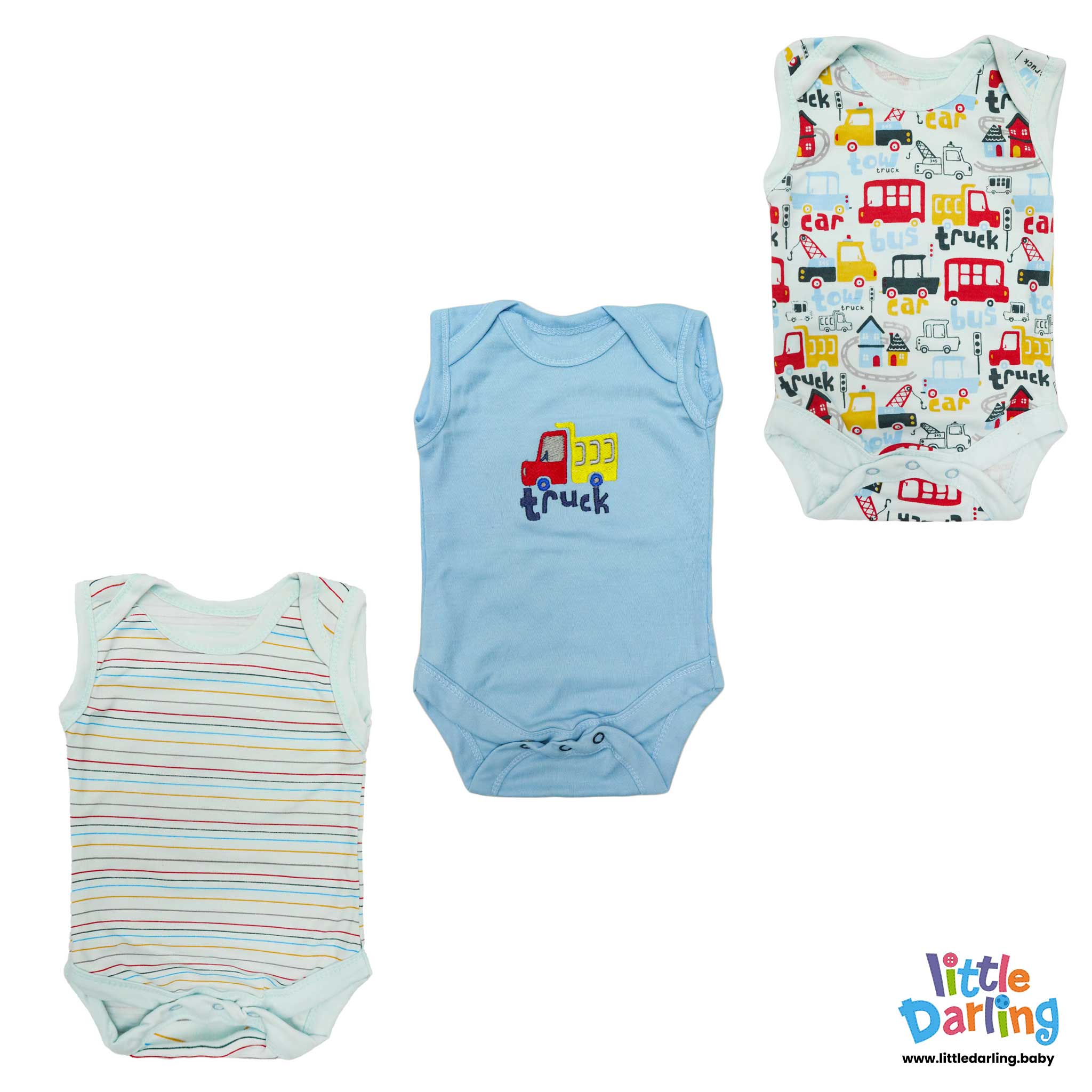 Baby Bodysuit Pk Of 3 Sleeveless Truck & Car by Little Darling