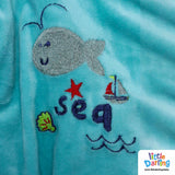 Hooded Velour Romper Fish Embroidery Sky Blue Color | Little Darling