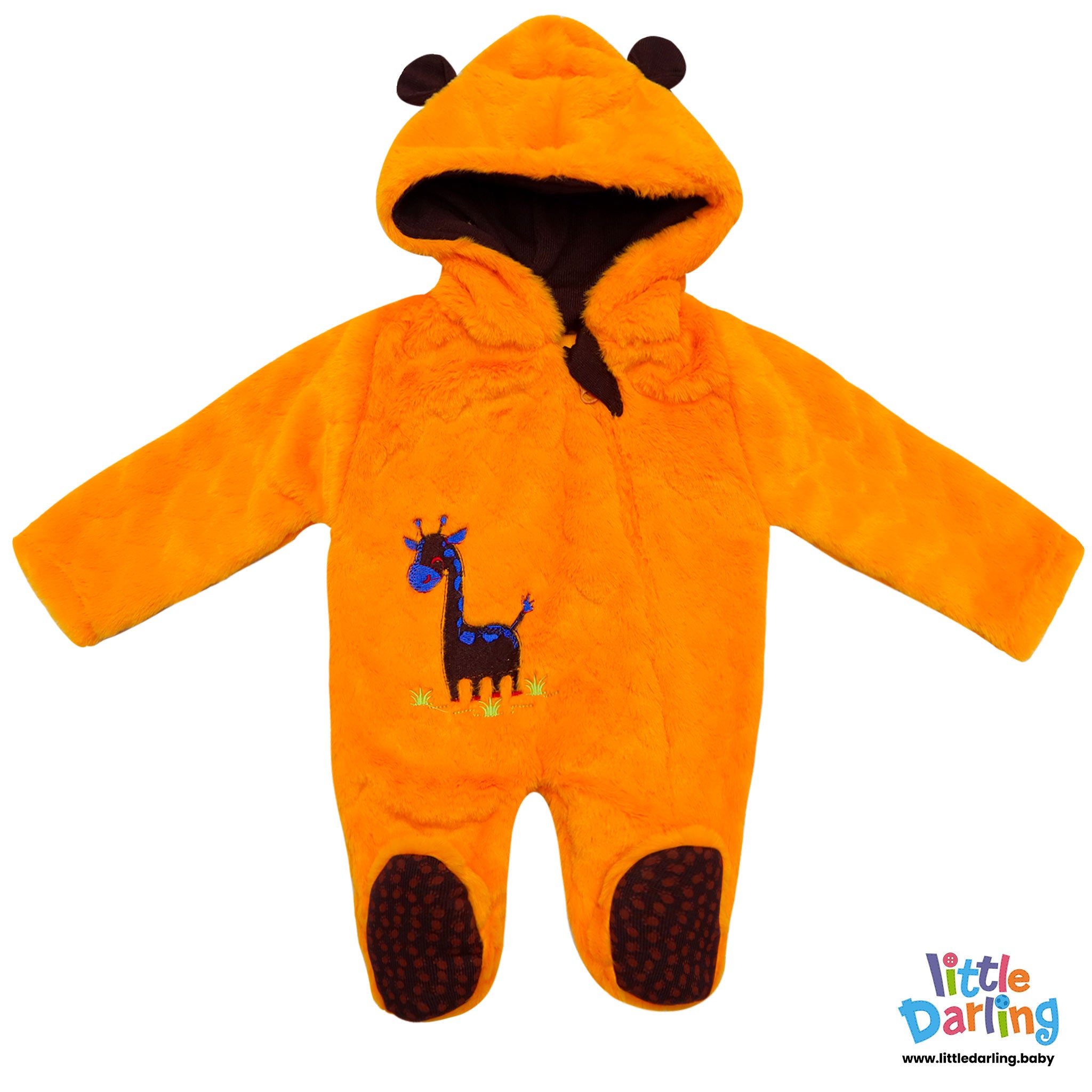 Hooded Fleece Romper Giraffic Embroidery Orange Color By Little Darling