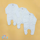 Little Darling Baby Sleepsuit Set: Three cozy sleepsuits stacked on an orange background, showcasing unmatched comfort and warmth for your little one.