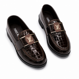 Luxury Croc-Pattern Patent Leather Loafers – Dark Brown