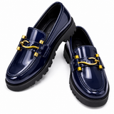 Midnight Blue Patent Loafers with Gold Horsebit Detail