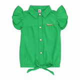 Girls Green Frill Sleeve Collared Top