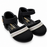 Girls Black Rhinestone Strap Party Shoes