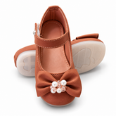 Girls Brown Bow Pearl Party Shoes