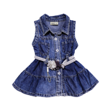 Denim Girls Frock with Belt & Floral Accent