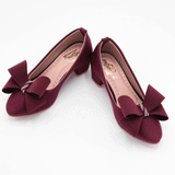 Girls Burgundy Bow Block Heel Pumps