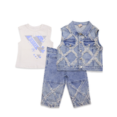 Kids Stylish 3-Piece Outfit – White Top & Blue Sequin Set