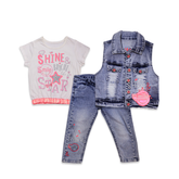 Kids Stylish 3-Piece Outfit – White Top & Blue Sequin Set