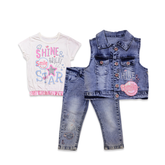 Kids Stylish 3-Piece Outfit – White Top & Blue Sequin Set