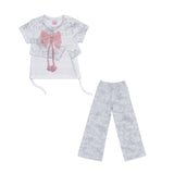 Girls White Bow Top & Printed Trouser Set