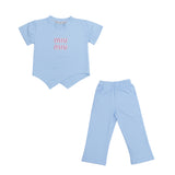 Girls Sky Blue MIU Printed Top & Trouser Set