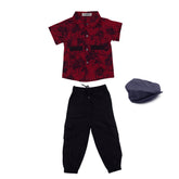 Boys Red Printed Shirt with Cargo Pants & Cap Set