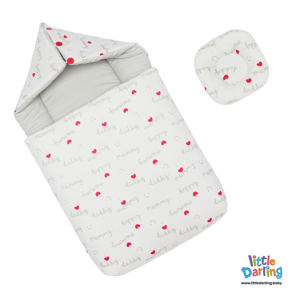 Hooded Baby Carry Nest With Pillow Mummy Daddy Print | Little Darling - Zubaidas Mothershop