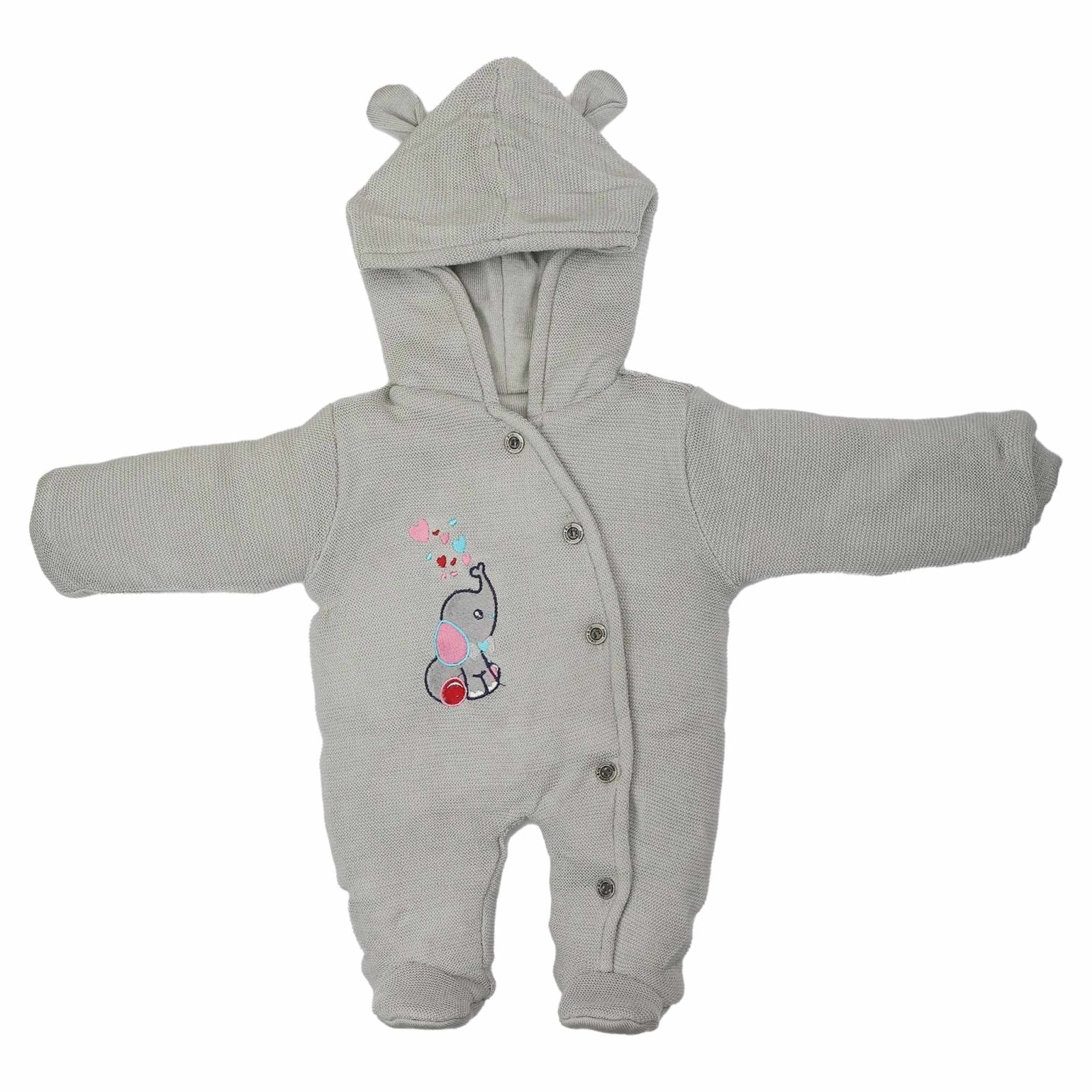 Hooded Woolen Romper Elephant Embroidery Grey Color by Little Darling