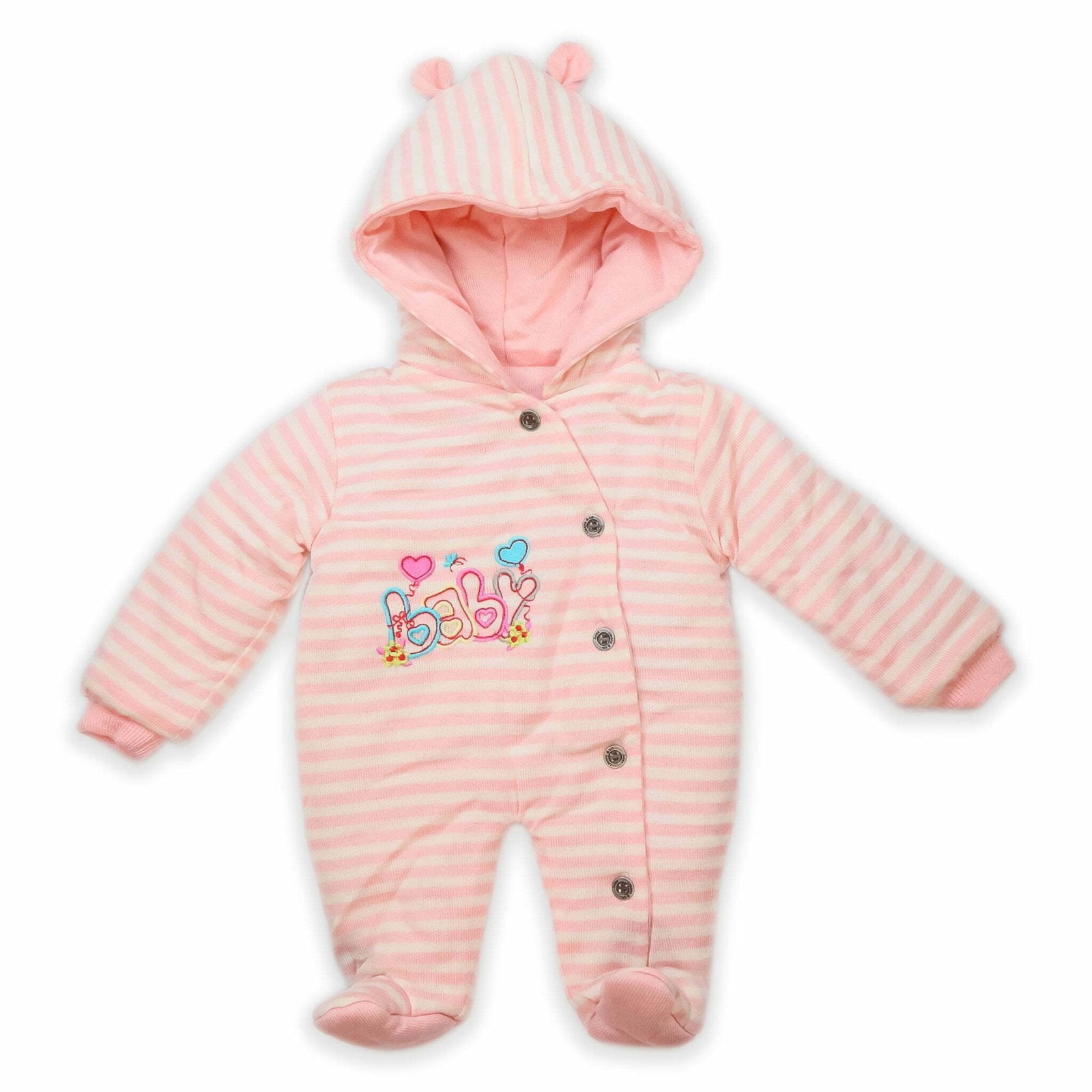 Hooded Woolen Romper Baby Embroidery Pink Stripes by Little Darling