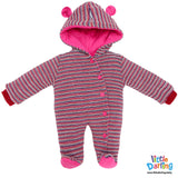 Hooded Woolen Romper Pink Color Multi Stripes | Little Darling
