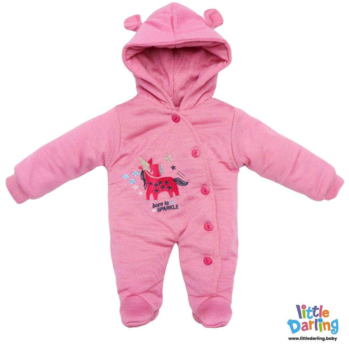 Hooded Woolen Romper Unicorn Embroidery Pink Color | Little Darling