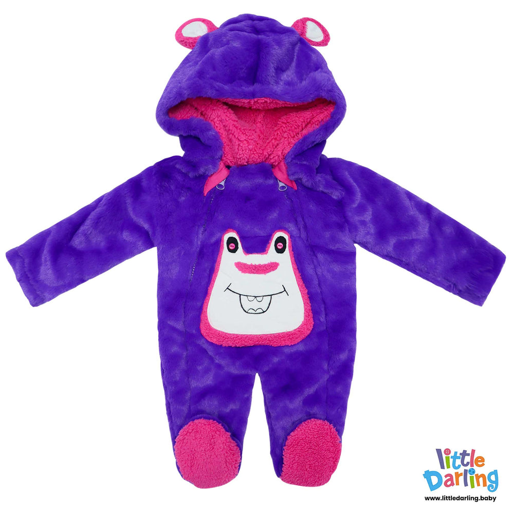 Hooded Fleece Romper Cute Bear Purple Color By Little Darling