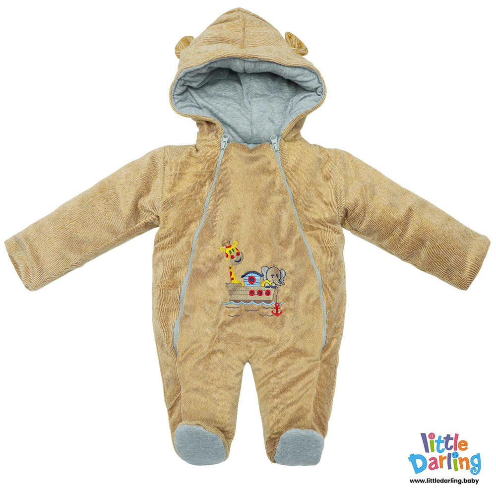 Hooded Velour Romper Bear & Giraffe Embroidery Light Brown Color By Little Darling