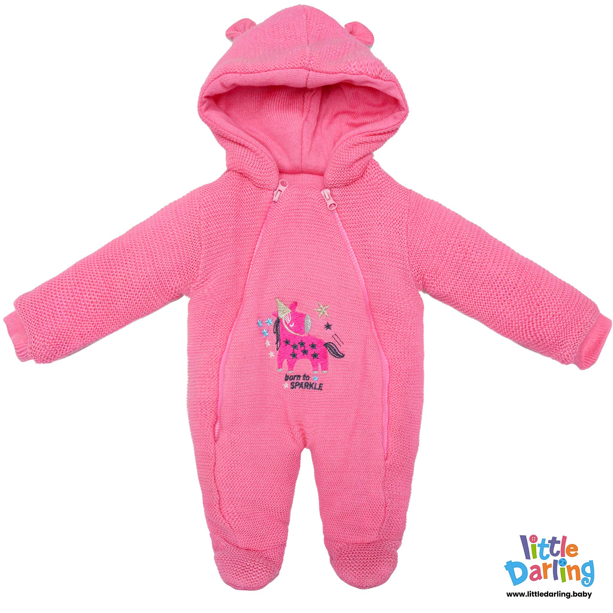 Hooded Woolen Romper Horse Embroidery Pink Color by Little Darling
