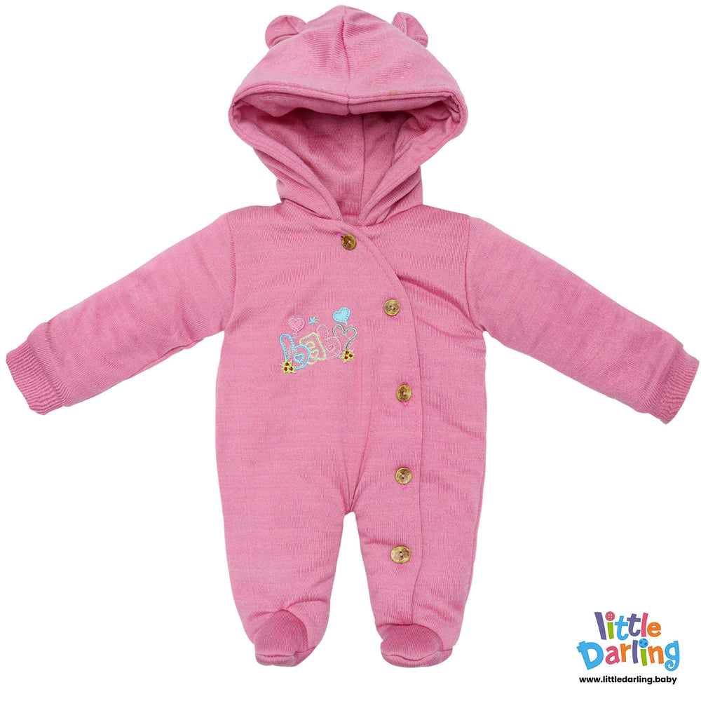 Hooded Woolen Romper Baby Embroidery Pink Color By Little Darling
