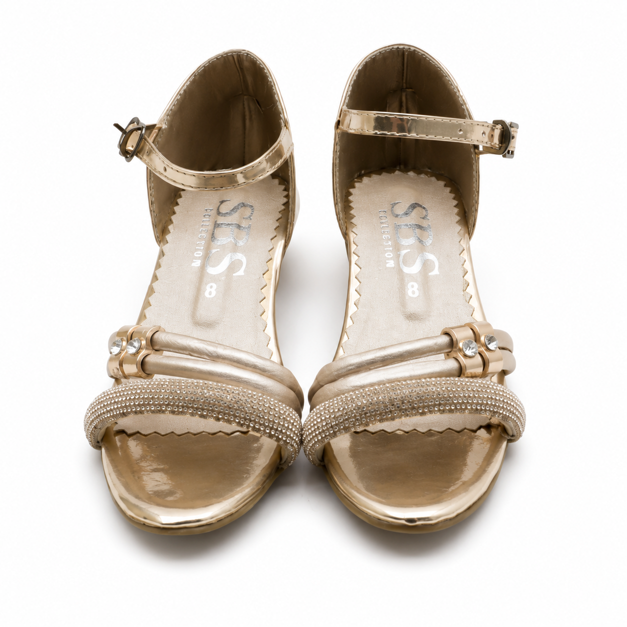 Girls Gold Glitter Strap Party Sandals with Low Heel
