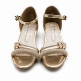 Girls Gold Glitter Strap Party Sandals with Low Heel
