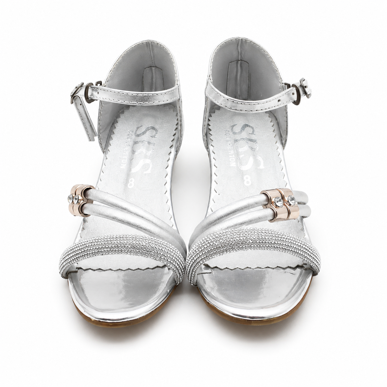 Girls Gold Glitter Strap Party Sandals with Low Heel