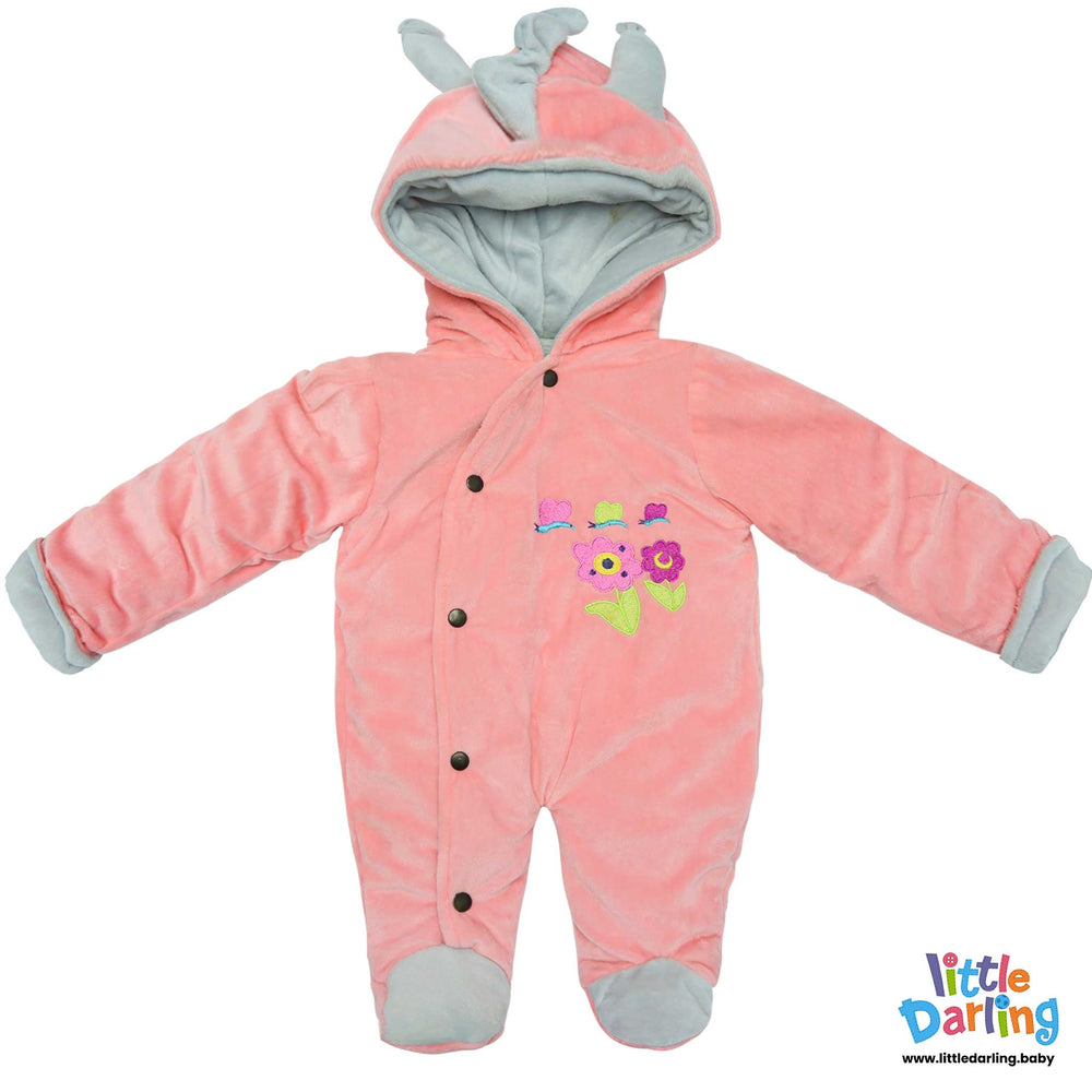 Hooded Velour Romper Flower Embroidery Light Pink Color By Little Darling