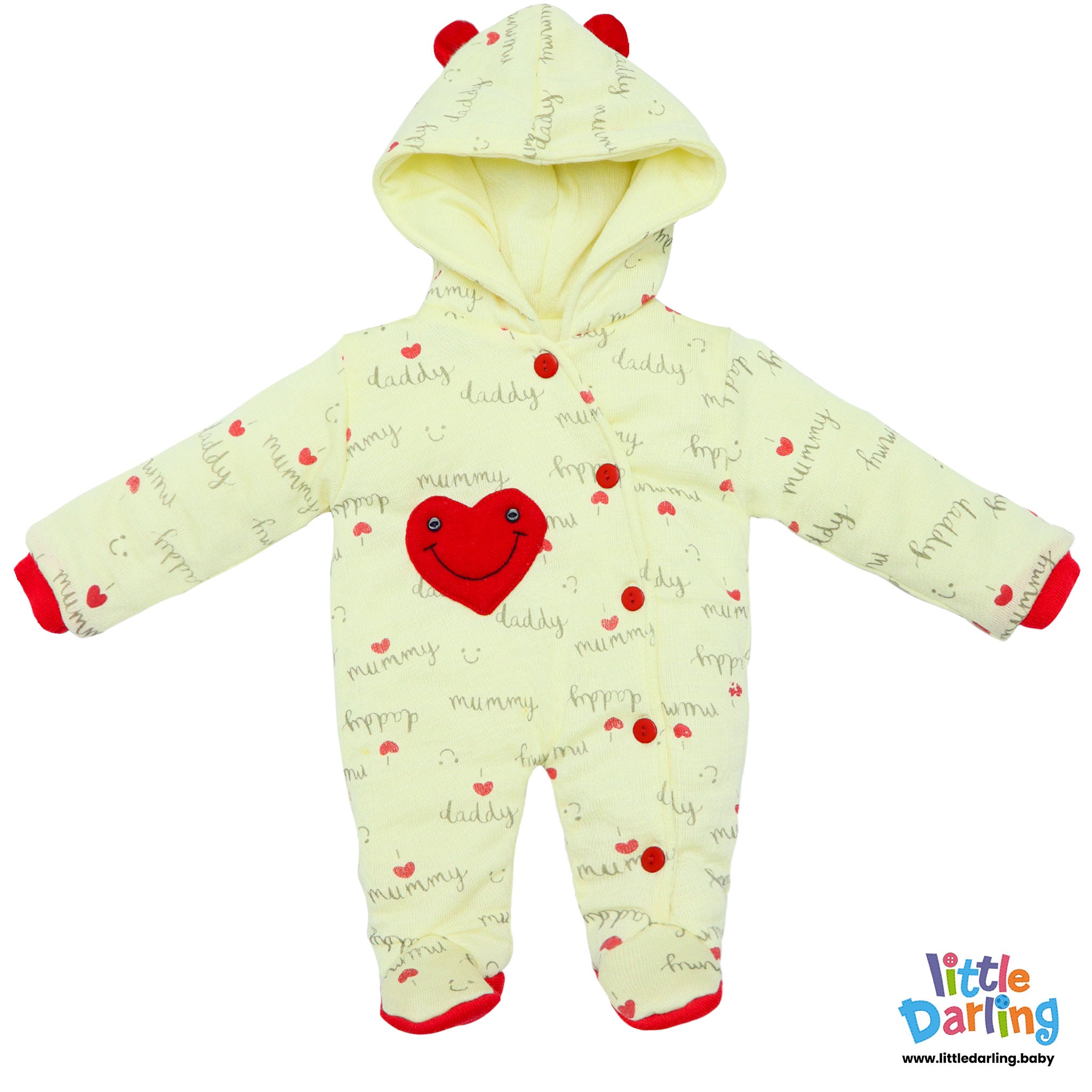 Hooded Romper Mummy Daddy Print Yellow By Little Darling