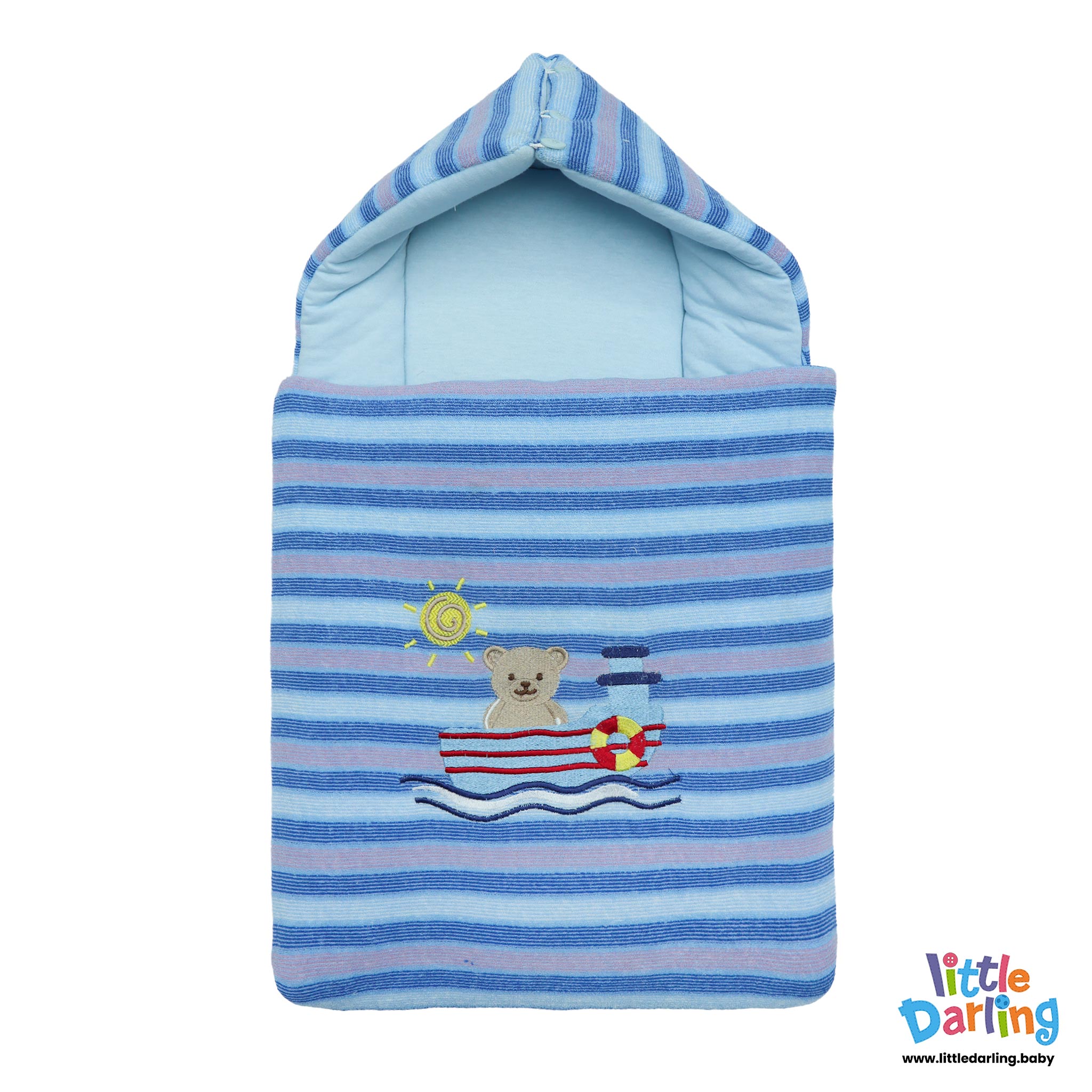 Baby Carry nest Hooded With Pillow Bear Embroidery Blue Stripes by Little Darling
