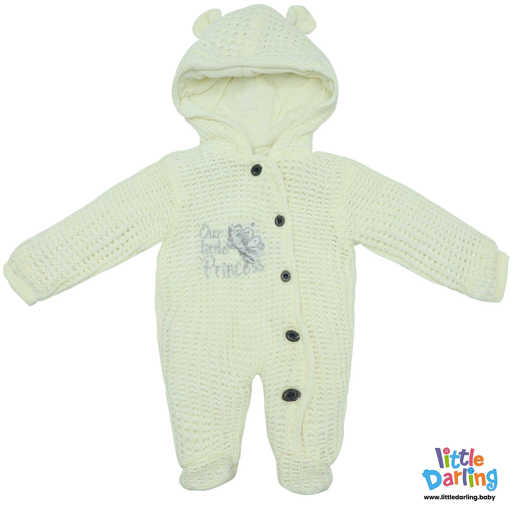 Hooded Woolen Romper Our Little Princes Embroidery Off White Color by Little Darling