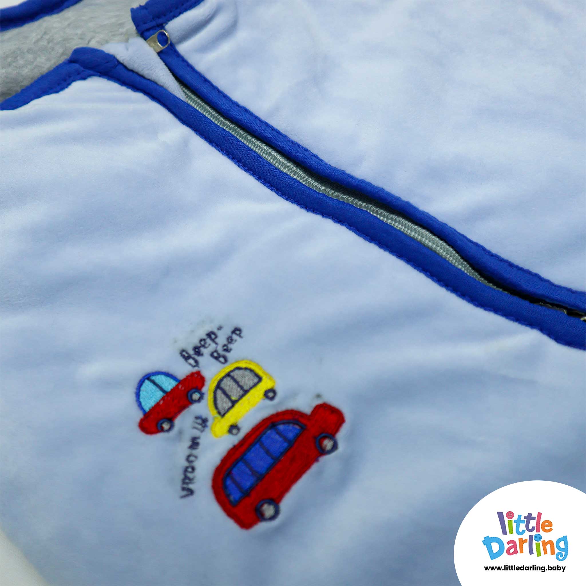 Baby Velour Sleeping Bag Car Embroidery Sky Blue Color by Little Darling