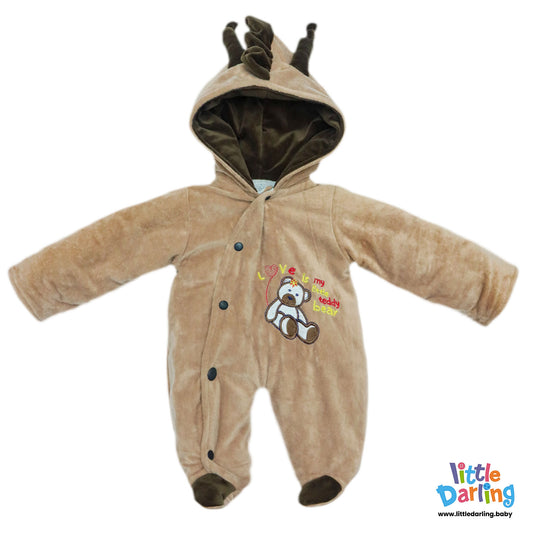 Hooded Velour Romper Teddy Bear Embroidery Light Brown Color | Little Darling