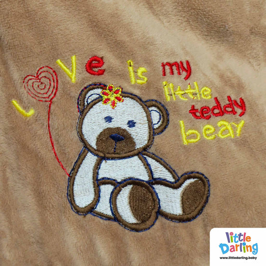 Hooded Velour Romper Teddy Bear Embroidery Light Brown Color | Little Darling