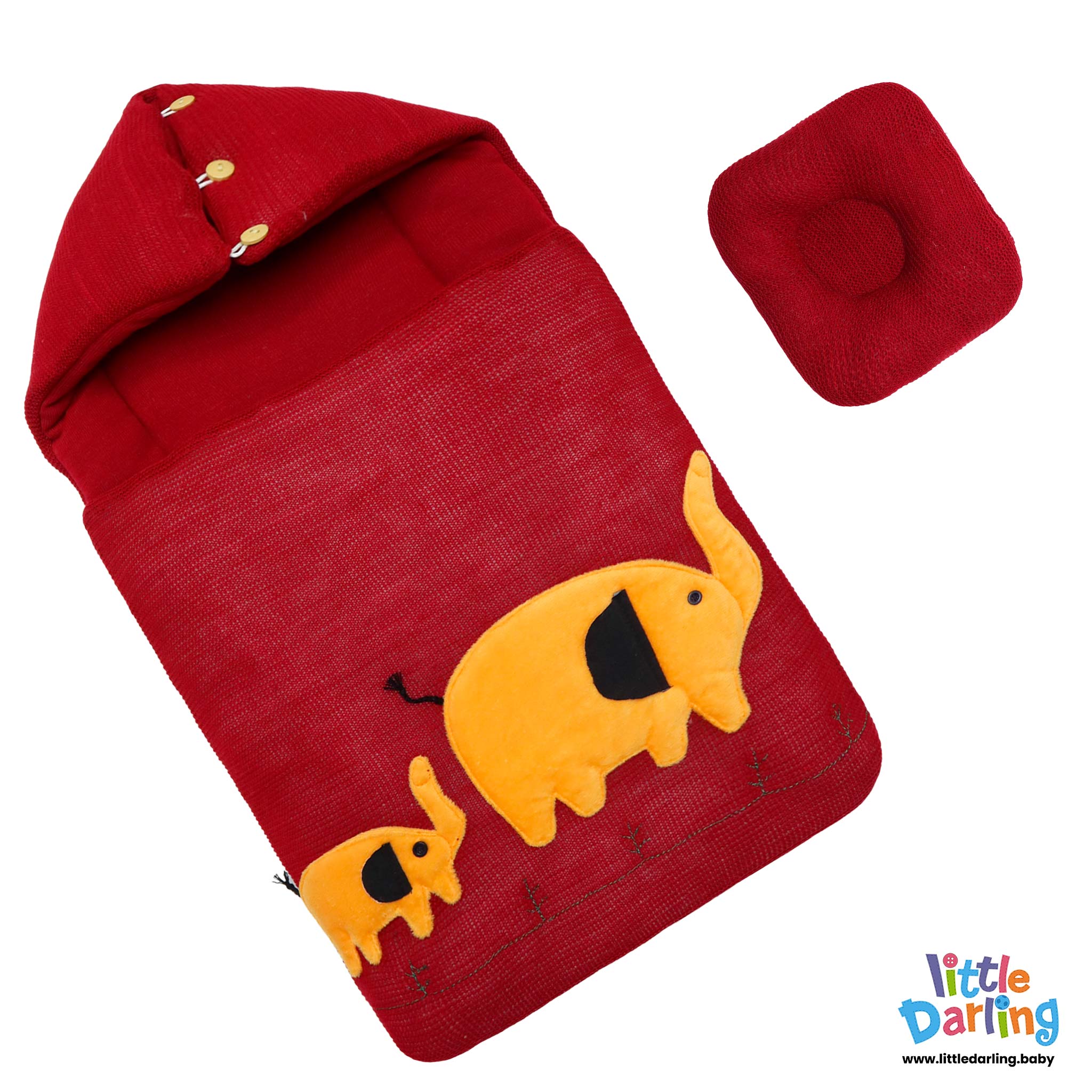 Baby Carry Nest Hooded With Pillow Elephant Embossed Red Color by Little Darling