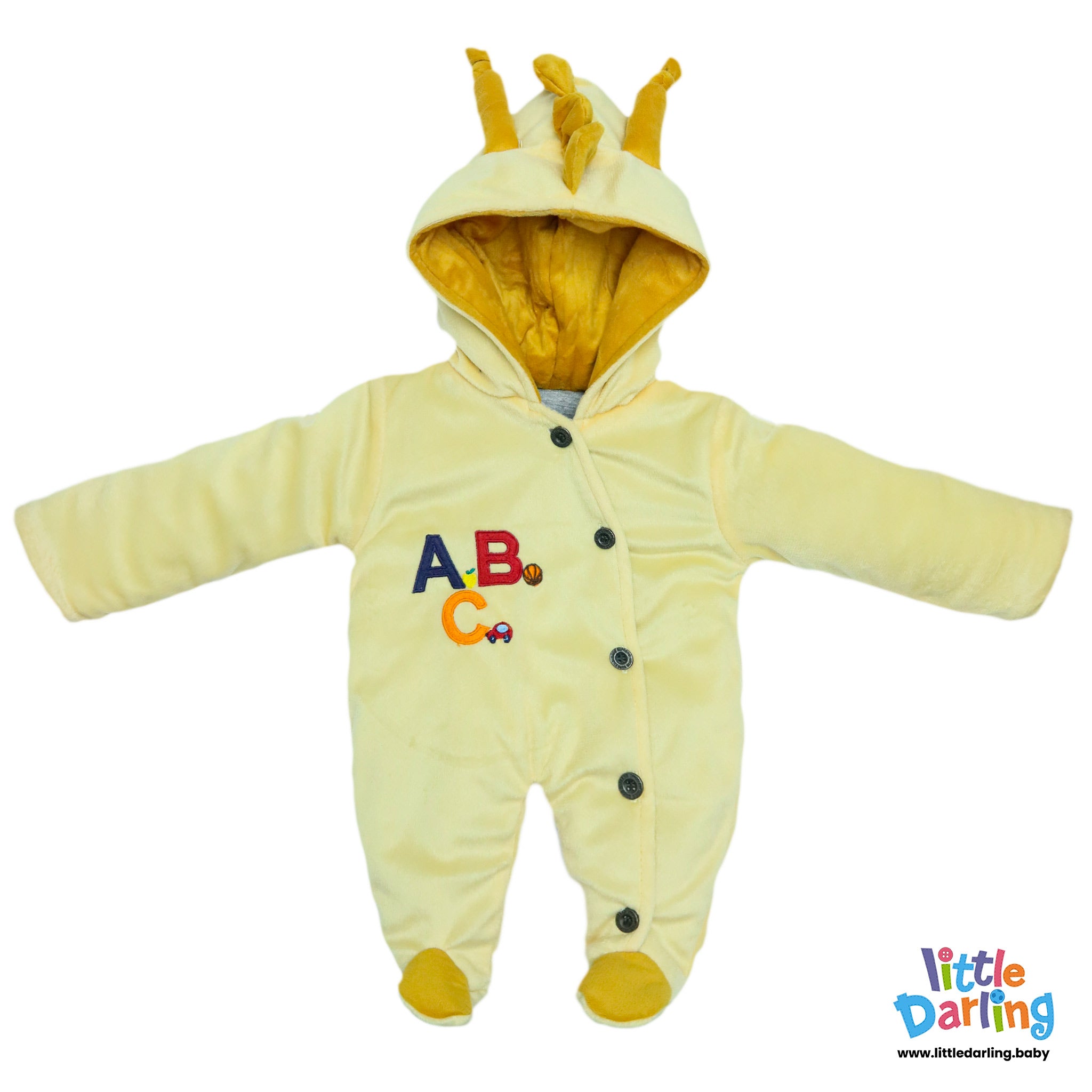 Hooded Velour Romper ABC Embroidery Light Golden Color by Little Darling