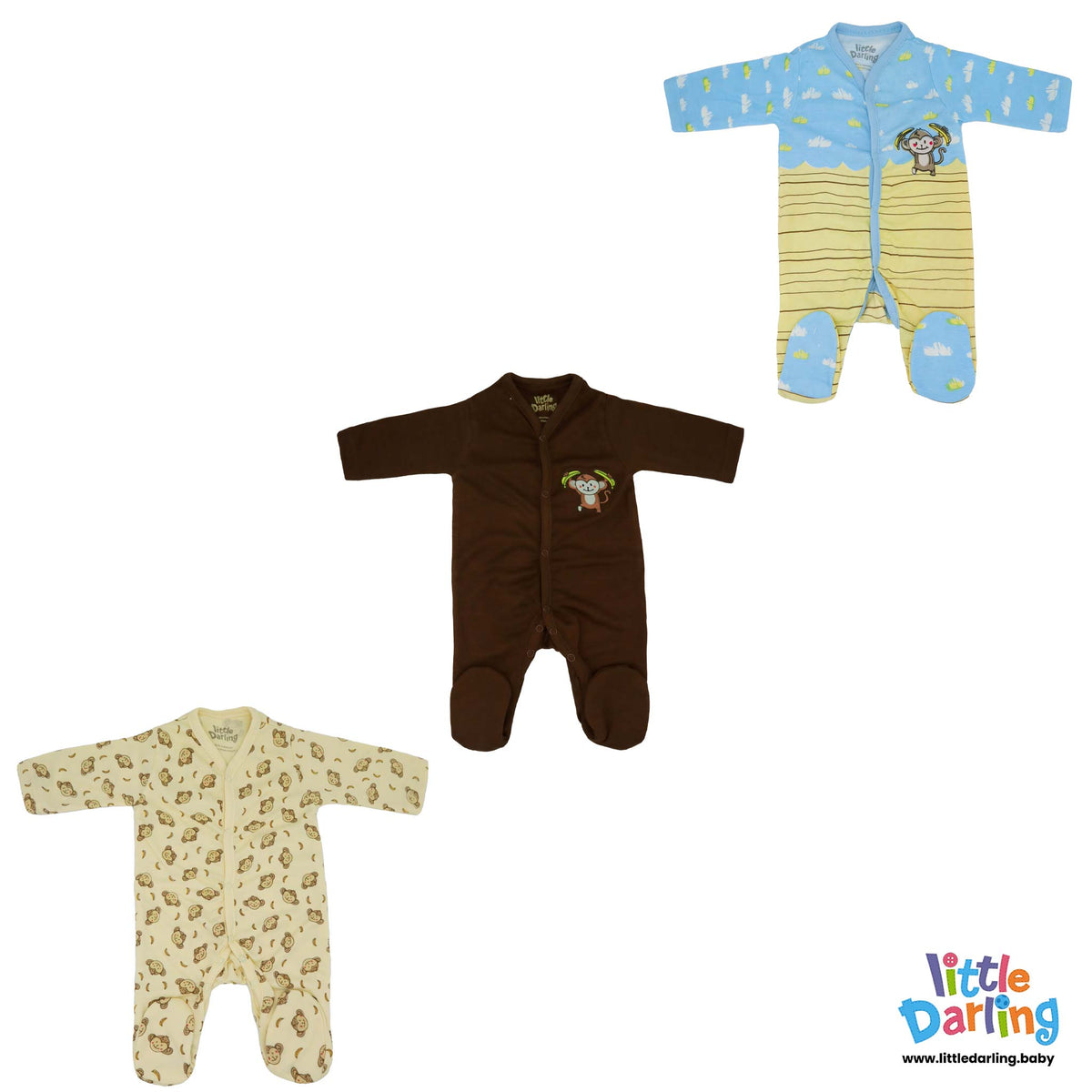 Baby Sleepsuit PK Of 3 Monkey & Cloud | Little Darling Price in Pakistan
