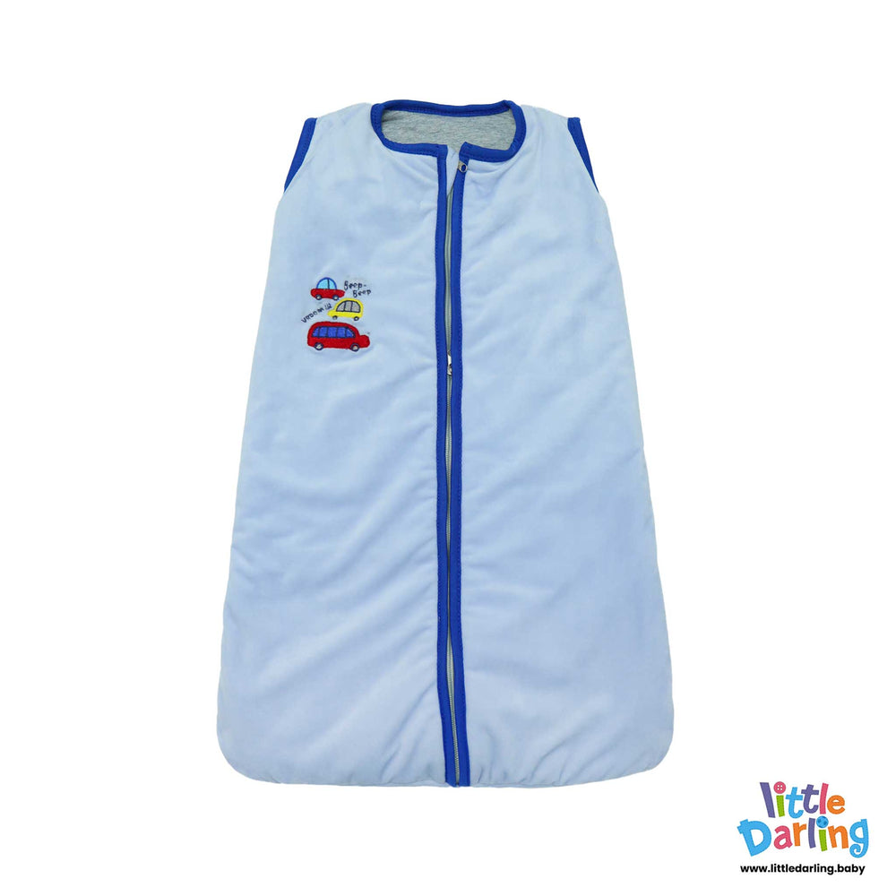 Baby Velour Sleeping Bag Cars Embroidery Sky Blue Color By Little Darling