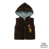 Hooded Jacket Sleeveless Hello Big World Embroidery Brown Color | Little Darling